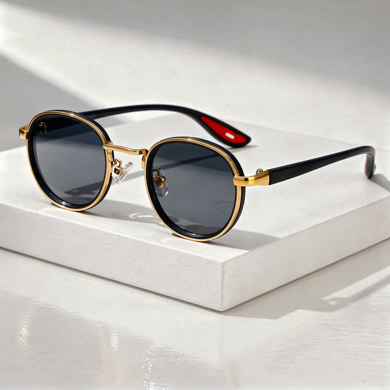 Solvra - Round Frame Retro Sunglasses with Metal Detail