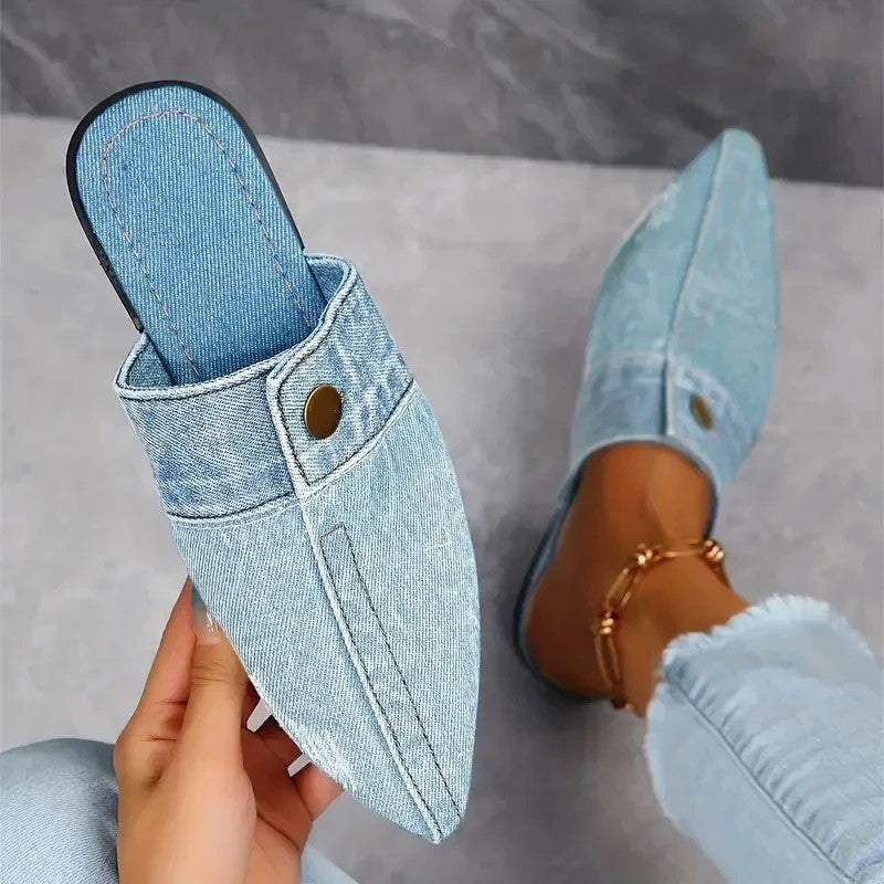 Stella - Women’s Denim Pointed Toe Mule Flats