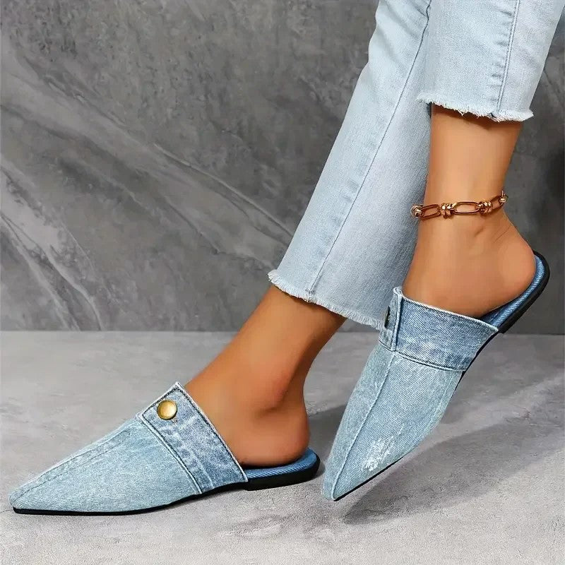 Stella - Women’s Denim Pointed Toe Mule Flats