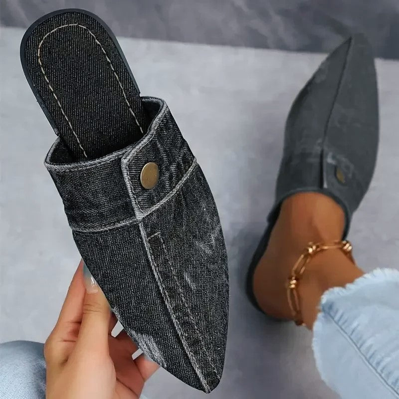 Stella - Women’s Denim Pointed Toe Mule Flats