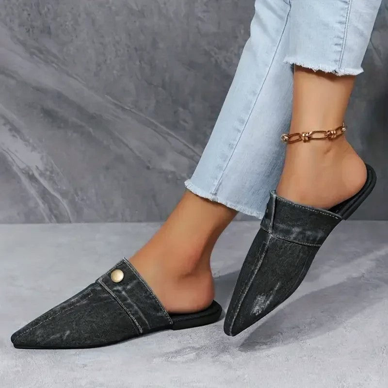 Stella - Women’s Denim Pointed Toe Mule Flats
