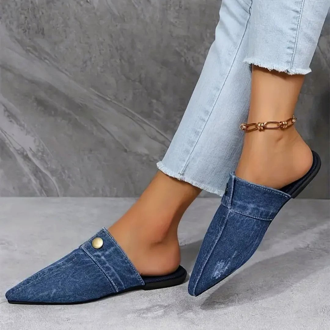 Stella - Women’s Denim Pointed Toe Mule Flats