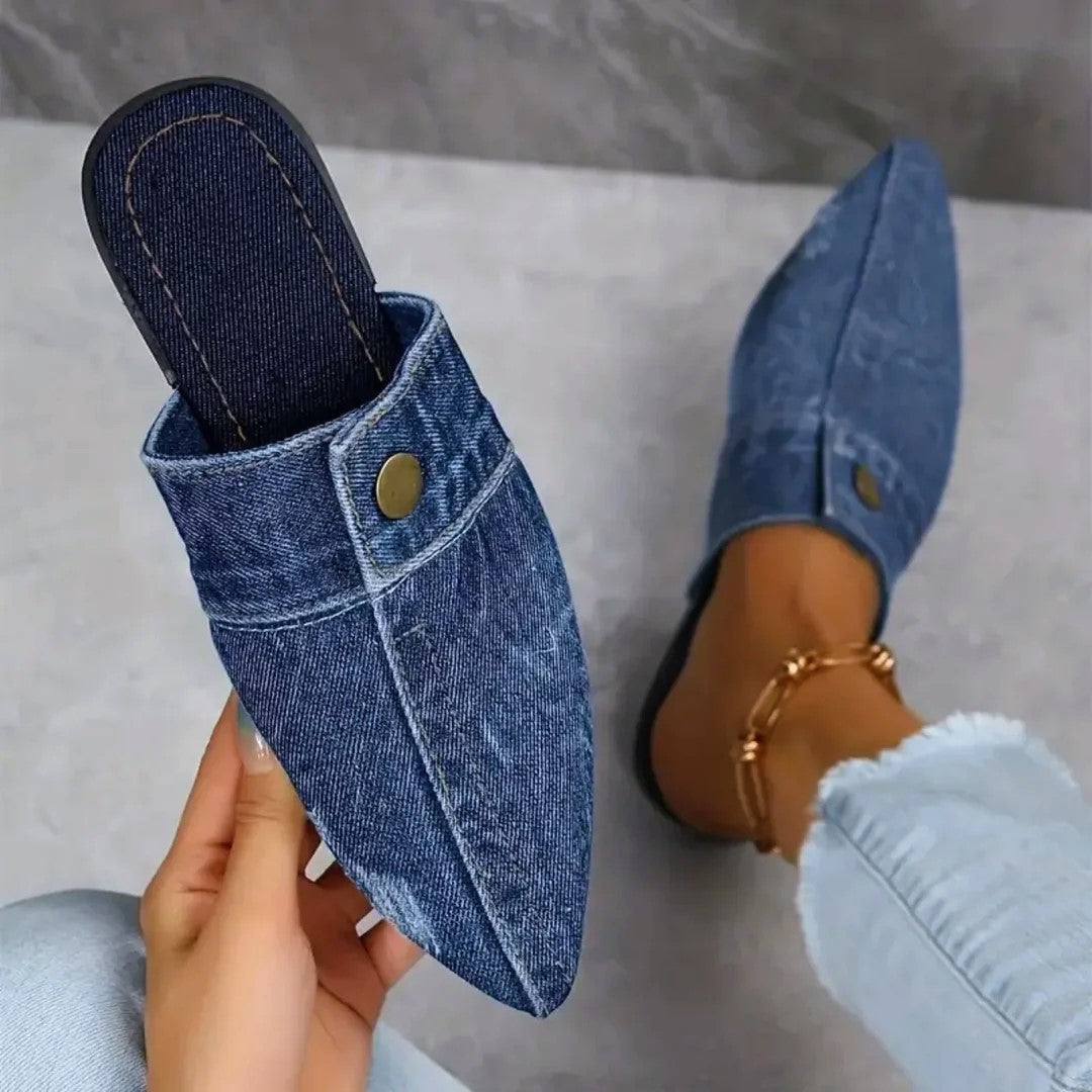 Stella - Women’s Denim Pointed Toe Mule Flats