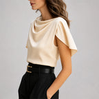 Susan - Women’s Draped Cowl Neck Short Sleeve Blouse