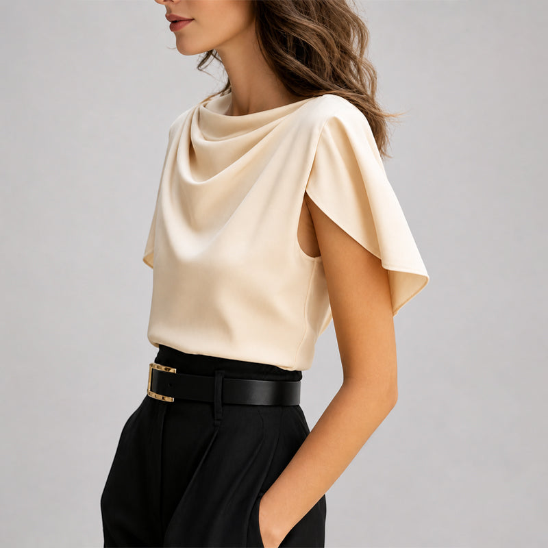 Susan - Women’s Draped Cowl Neck Short Sleeve Blouse