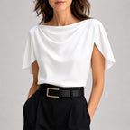 Susan - Women’s Draped Cowl Neck Short Sleeve Blouse