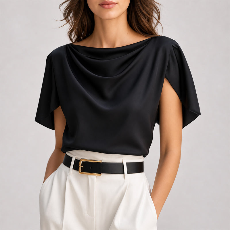 Susan - Women’s Draped Cowl Neck Short Sleeve Blouse