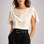 Susan - Women’s Draped Cowl Neck Short Sleeve Blouse