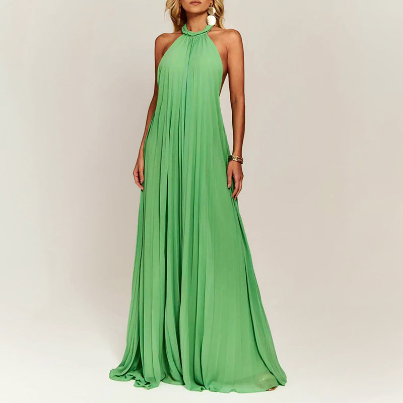 Vera - Women’s Halter Pleated Maxi Dress with Open Back