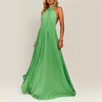 Vera - Women’s Halter Pleated Maxi Dress with Open Back