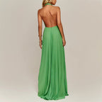 Vera - Women’s Halter Pleated Maxi Dress with Open Back