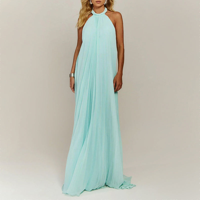 Vera - Women’s Halter Pleated Maxi Dress with Open Back