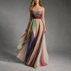 Victoria - Women's Strapless Pleated Color block Maxi Dress