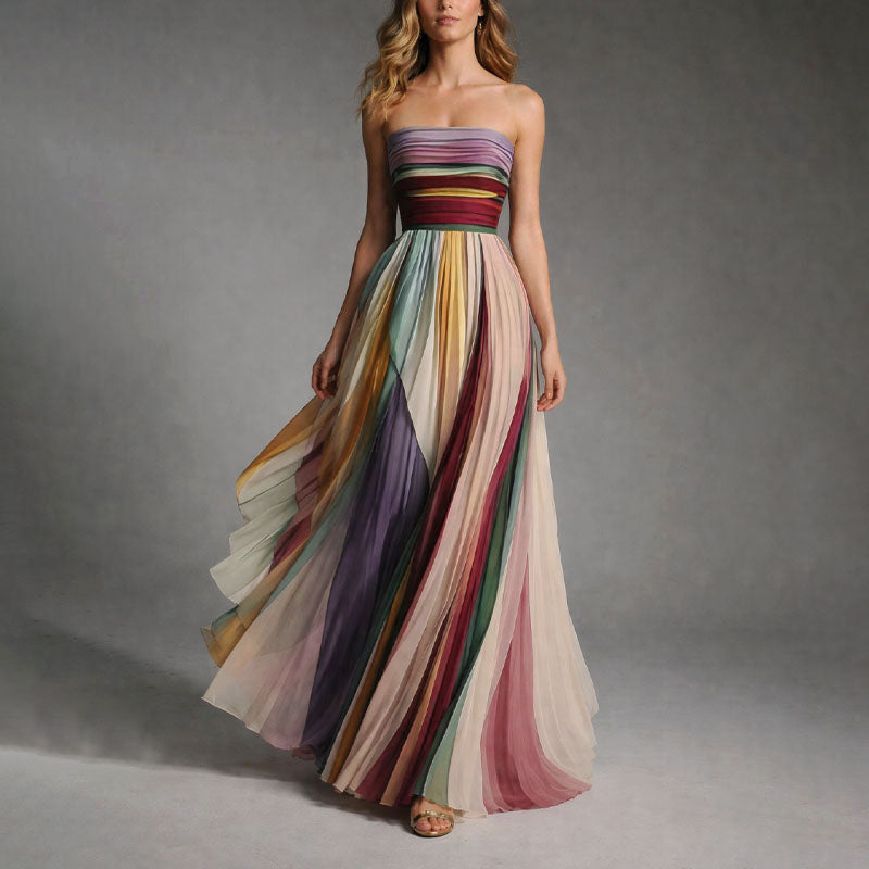 Victoria - Women's Strapless Pleated Color block Maxi Dress