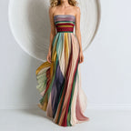 Victoria - Women's Strapless Pleated Color block Maxi Dress