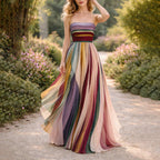 Victoria - Women's Strapless Pleated Color block Maxi Dress