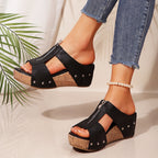 Zoey - Women's Studded Cork Platform Slide Sandals with Front Zipper