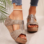 Zoey - Women's Studded Cork Platform Slide Sandals with Front Zipper