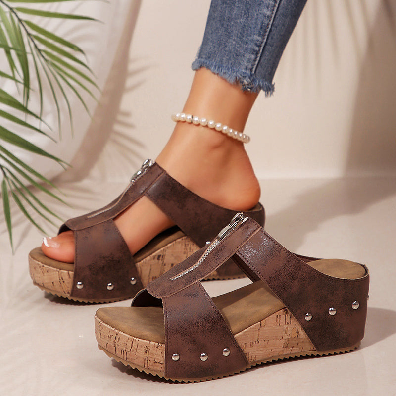 Zoey - Women's Studded Cork Platform Slide Sandals with Front Zipper